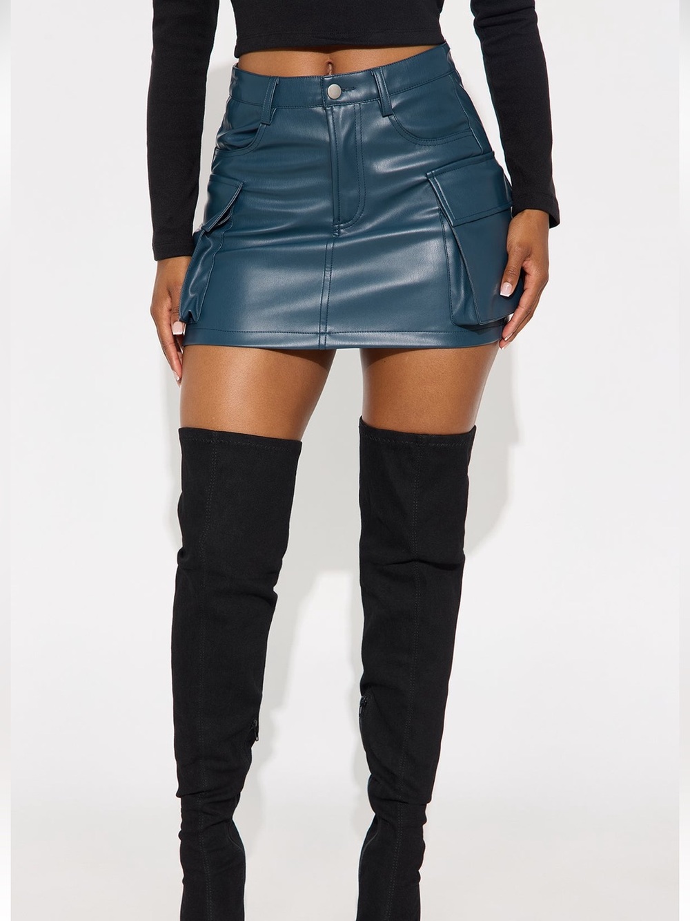 Fashion Nova Teal Faux Leather Mini Skirt with Cargo Pockets